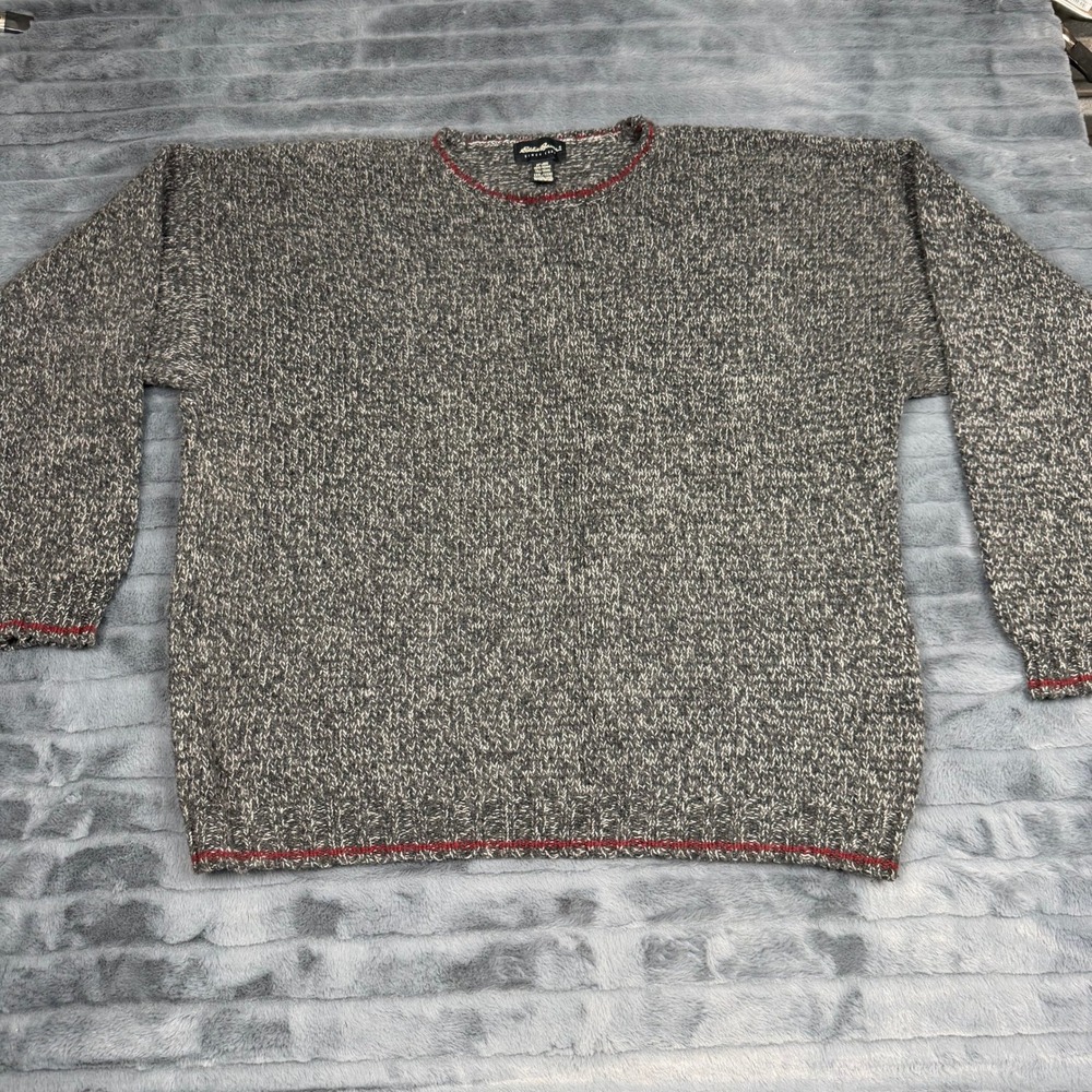 Eddie Bauer Mens 3XL Tall Wool Blend Marled Knit Crew Neck Sweater Grey Red Trim